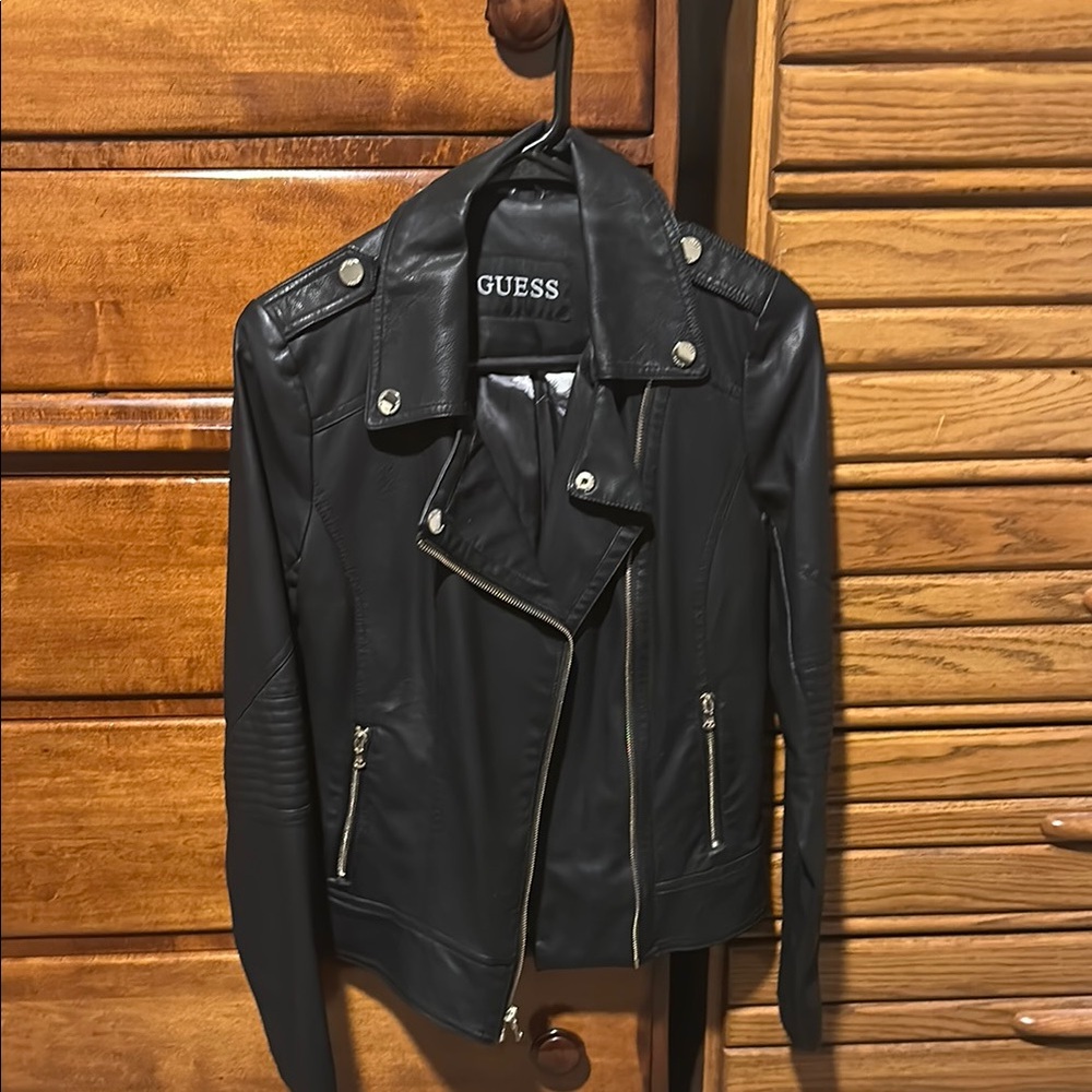 Guess Black Leather Moto Jacket Asymmetrical Zipper